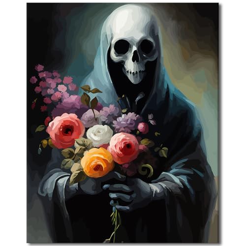 TISHIRON DIY Skull with Flower Floral Oil Painting Kits, Paint by Number Kits for Adults Beginners Simple Skeleton, with Brushes and Acrylic Pigment, Without Frame for Home Wall Decor 16x20inch