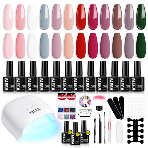 MEFA 34 Pcs Gel Nail Kit with 48W UV Lamp, 12 Colors Nude Pink Red Brown Gel Nail Polish Kit with Matte Glossy Gel Top Base Coat Manicure Tools Nail Art Decorations DIY Salon Home