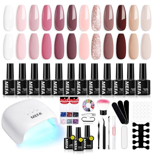 MEFA 34 Pcs Gel Nail Kit with 48W UV Lamp, 12 Colors Pink Nude Brown Gel Nail Polish Kit with Matte Glossy Gel Top Base Coat Manicure Tools Nail Art Decorations DIY Salon Home