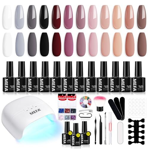 MEFA 34 Pcs Gel Nail Kit with 48W UV Lamp, 12 Colors White Black Brown Nude Gel Nail Polish Kit with Matte Glossy Gel Top Base Coat Manicure Tools Nail Art Decorations DIY Salon Home