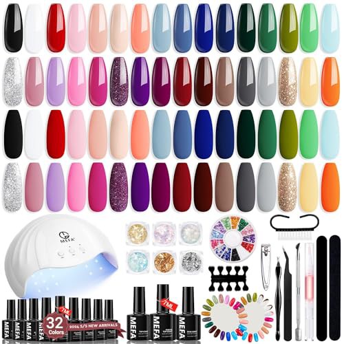 MEFA 56 Pcs Gel Nail Kit with 48W Nail Lamp, 32 Colors Pink Red Blue Gel Nail Polish Set with Matte Glossy Gel Top Base Coat Manicure Tools Nail Art Decorations DIY Salon Home