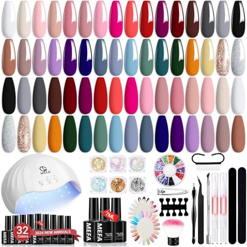 MEFA 56 Pcs Gel Nail Kit with 48W Nail Lamp, 32 Colors Nude Pink Gray Gel Nail Polish Set with Base and Matte Glossy Top Coat Nail Art Decorations Manicure Tools DIY Salon Home