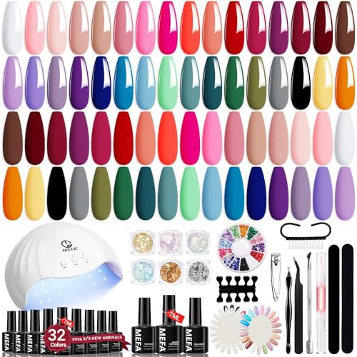 MEFA 56 Pcs Gel Nail Kit with 48W Nail Lamp, 32 Colors Pink Red Orange Gel Nail Polish Set with Base and Matte Glossy Top Coat Nail Art Decorations Manicure Tools DIY Salon Home