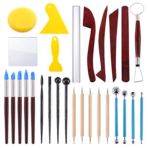 Swpeet 29Pcs Hand Modeling Clay Sculpting Tools Kits, Ball Stylus Tool, Wooden Dotting Tools, Rubber Tip Pens, Sculpture Knives, Ceramic Pottery Tools Sculpting Kit for Making Modeling Clay