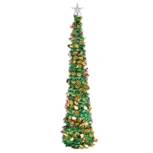 JUNIOO 1.5M/5FT Folding Christmas Tree,Collapsible Artificial Christmas Tree Green with Bell Pendant Xmas Tree for Party Indoor and outdoor Home Xmas Decor