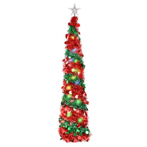JUNIOO 1.5M/5FT Collapsible Pop Up Tinsel Tree,Artificial Christmas Tree with Shiny Sequins and LED Light for Xmas Holiday Home Party Decoration