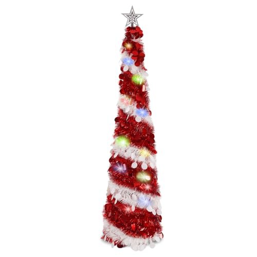JUNIOO 1.5M/5FT Collapsible Pop Up Tinsel Tree,Artificial Christmas Tree with Shiny Sequins and LED Light for Xmas Holiday Home Party Decoration