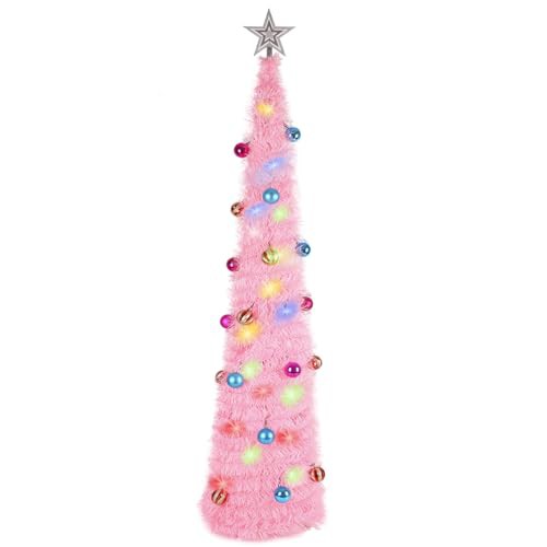 JUNIOO 1.5M/5FT Collapsible Artificial Christmas Tree, Pop-up Christmas Tree with 30pcs Balls and Silver Tree Top Star for Family Gathering Xmas Tree Indoor and Outdoor Christmas Decoration