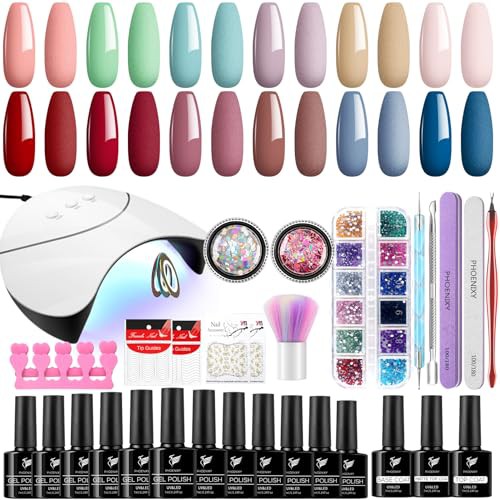 PHOENIXY Gel Nail Polish Kit with U V LED Nail Lamp 12 Pcs Gel Nail Polishes Set All Seasons Gel Polish Glossy Matte Top Coat Base Coat Gel Nail Starter Kit Gift for Women