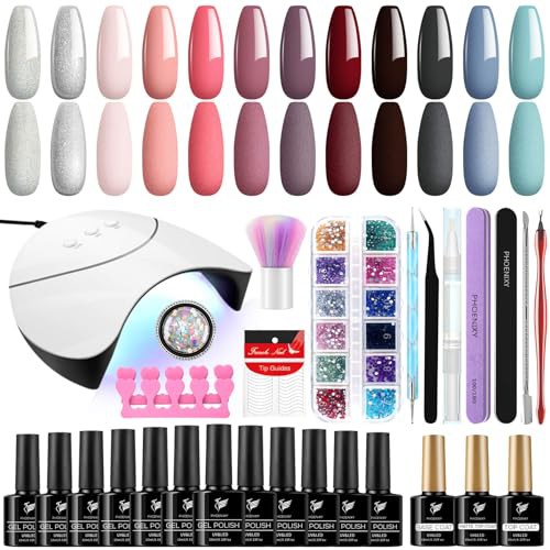 PHOENIXY Gel Nail Kit, 12Pcs Blue Pink Colours Gel Nail Polish Set with Lamp Starter Kit Glossy Matte Top Base Coat Gift for Women