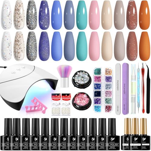 phoenixy Gel Nail Polish kit, Phoenixy 12 Pcs 10ml Soak Off Gel Nail Polish Set with UV LED Nail Lamp Starter Kit Gel Nail Kit Gift for Women 