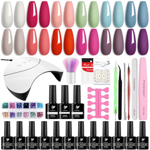 PHOENIXY Gel Nail Polish Set,12 Pink Red Colours Gel Nail Polish Set with 36W U V/LED Nail Lamp Starter Kit, Base Top Coat Gel Nail Kit Gift for Women DIY Nail at Home