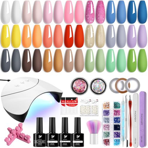 Phoenixy Gel Nail Polish Set with Nail Lamp - 24PCS U V Gel Nail Polish Glossy Matte Top Coat Base Coat Orange Blue Pink Colors Gel Nail Polish Kit for Beginner DIY at Home