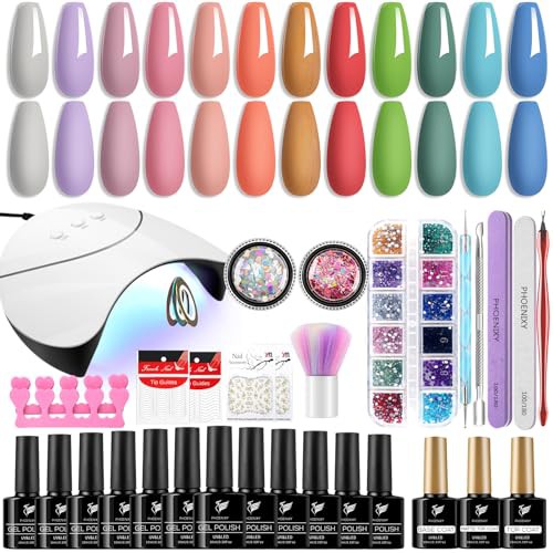 PHOENIXY Gel Nail Polish Set, 12 Colors Gel Nail Polish Set with 48W Lamp Starter Kit, Pink Nude U V Gel Nail Polish Kit with Glossy Matte Top Coat Gel Nail Kit Gifts for Women