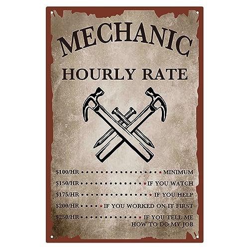 CREATCABIN Mechanic Hourly Rate Metal Tin Sign Mechanic Shop Decor Car Garage Shop Tool Vintage Iron Sign Painting Poster Plaque Retro Mural Hanging Wall Art for Home Men Gifts Decorations 8 x 12 Inch