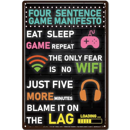 CREATCABIN Game Tin Sign Vintage Wall Sign Retro Metal Poster Art Printed Gaming Plaque Gallery Wall Signs Hanging Decoration for Bedroom Home Door Man Cave 12x8 Inch Four Sentence Game Manifesto