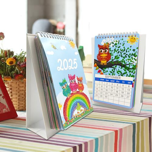 Lebartm 2025 DIY Diamond Art Desk Calendar Creative Design Thick Paper Calendar with To Do List Ornaments Diamond Art Painting Monthly Flip Tabletop Calendar for Home Office Planning-Owl