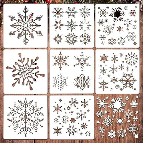 8Pcs Christmas Snowflake Stencil, Large Christmas Stencil Winter Xmas Holiday Snowflake Template DIY Snowflake Stencil for Painting on Wood, Gift Box, Windows, Wall, Door, Home Decor 6 x 6 Inch