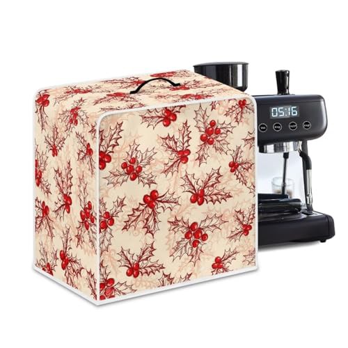 NETILGEN Kitchen Appliance Cover Coffee Maker Dust Cover, Stain Resistant Dust Protection Coffee Machine Cover with Top Handle for Home Office Kitchen Bar Decoration, Christmas Holly Beige