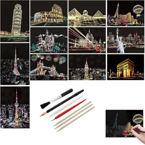 12 Pcs Scratch Art, Scratch Art for Kids, Scratch Art Paper, Rainbow Scratch Paper, Etch Art, for World Famous City Landmarks Scratch Art for Adult and Kids with 7 Tools