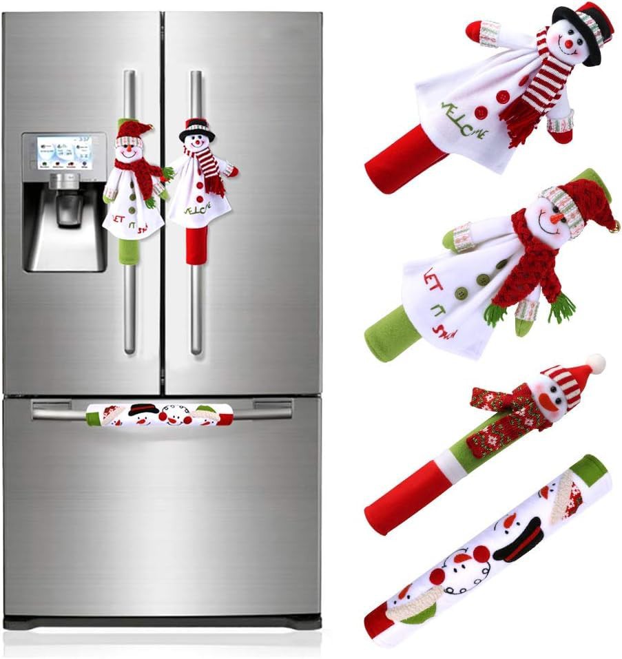 LATERN 4Pcs Refrigerator Handle Covers, 32CM Large Non-Woven Fridge Door Handle Cover 3D Snowman Appliance Handle Covers for Kitchen Xmas Decoration 