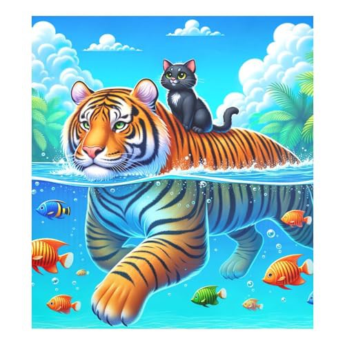 Tiger and Cat Blue Dishwasher Magnetic Cover Refrigerator Washing Machine Door Cover Cute Farmhouse Décor, 26H x 23W Inches