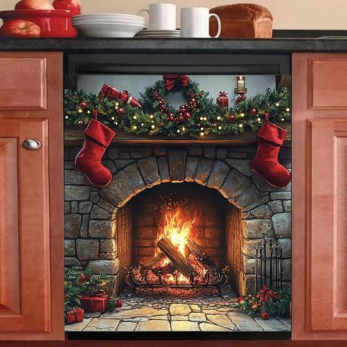 Christmas Decorations Fireplace Magnetic Dishwasher Full Door Sticker, Winter Stove Refrigerator Magnetic Skin Cover, Xmax Socks Magnetic Home Appliance Covers, Removabl 23" W x 26" H Magnetic